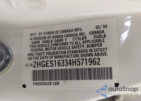 2004 Honda Civic Vp из США, поврежденный, VIN 2HGES16334H571962